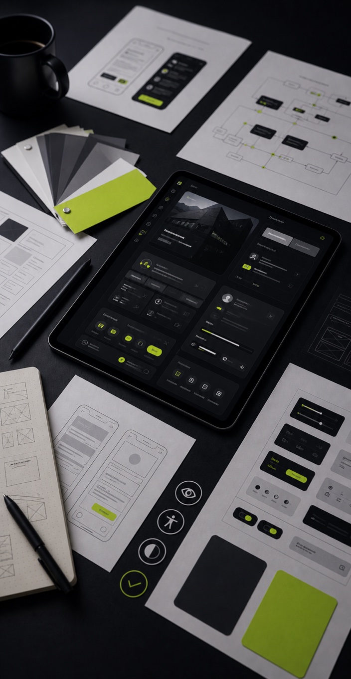 UI UX design system workspace with wireframes and prototypes