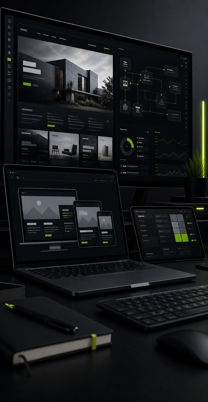 Full-stack web development dashboard and responsive interface screens