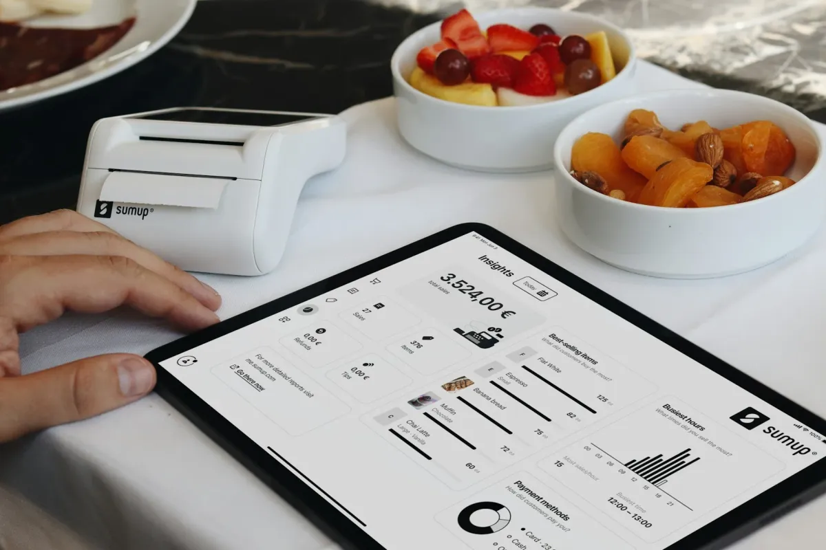 Business analytics dashboard connected to a payment device