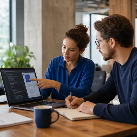Software engineers reviewing a working application milestone