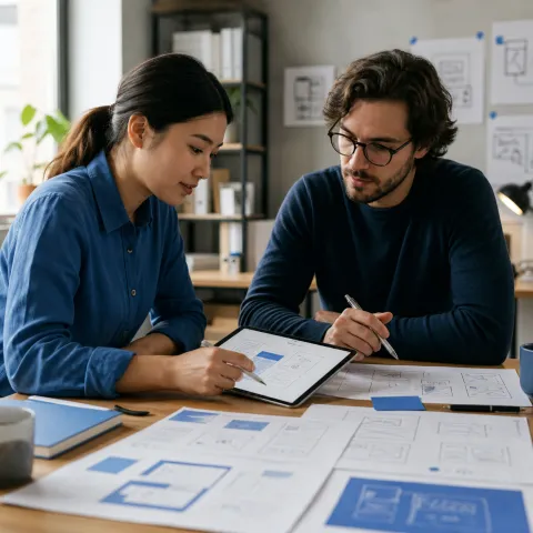 Designer and engineer reviewing product interface wireframes